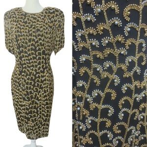 Vintage Oleg Cassini Black Tie designer evening cocktail dress black gold sz 8